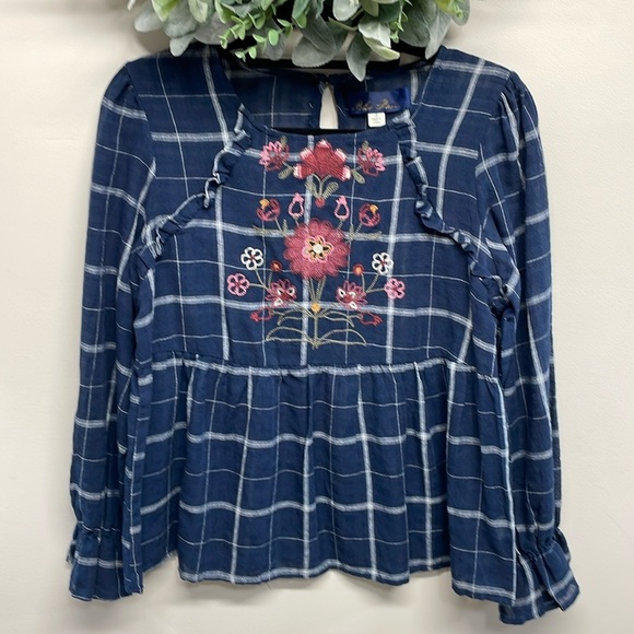 Blue Rain Navy Windowpane Embroidered Floral Long Sleeve Blouse S - Picture 1 of 16